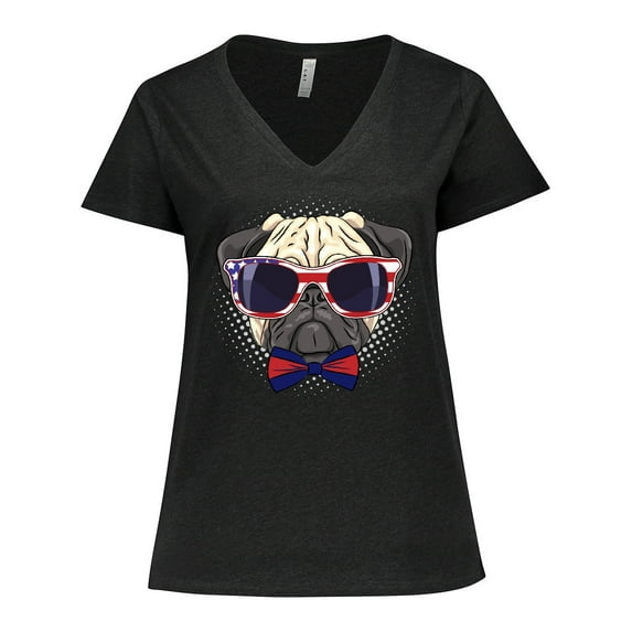 Inktastic Pug Dog July 4th Patriotic Sunglasses Women's Plus Size V-Neck T-Shirt