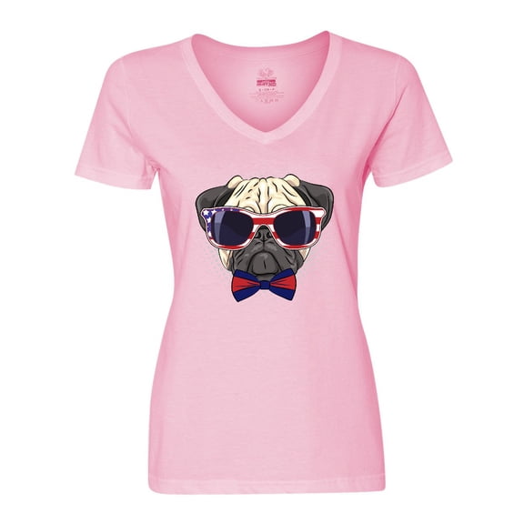 Inktastic Pug Dog July 4th Patriotic Sunglasses Women's V-Neck T-Shirt
