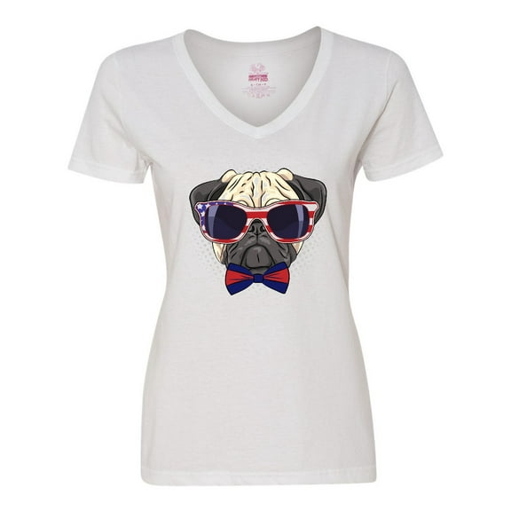 Inktastic Pug Dog July 4th Patriotic Sunglasses Women's V-Neck T-Shirt
