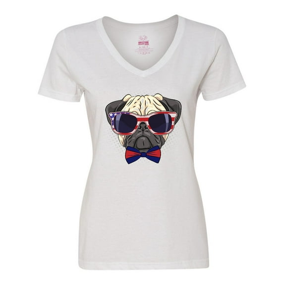 Inktastic Pug Dog July 4th Patriotic Sunglasses Women's V-Neck T-Shirt