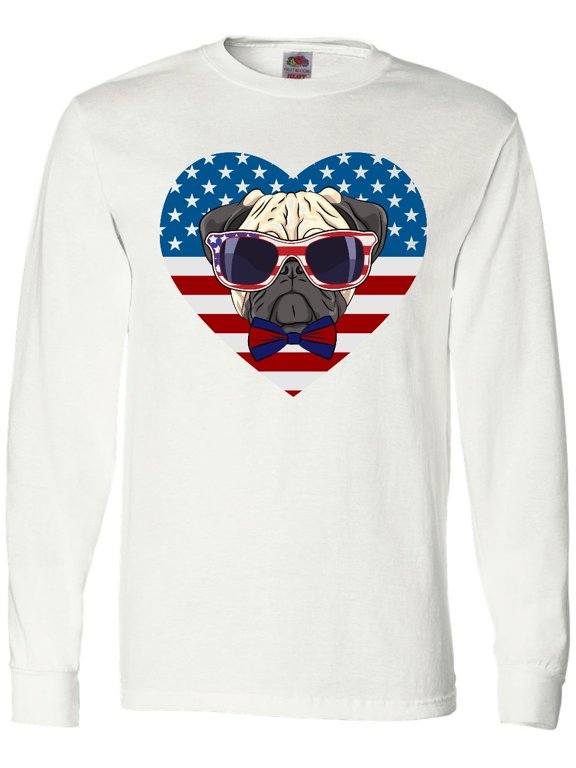Pug Dog Patriotic US Flag Heart Long Sleeve T-Shirt