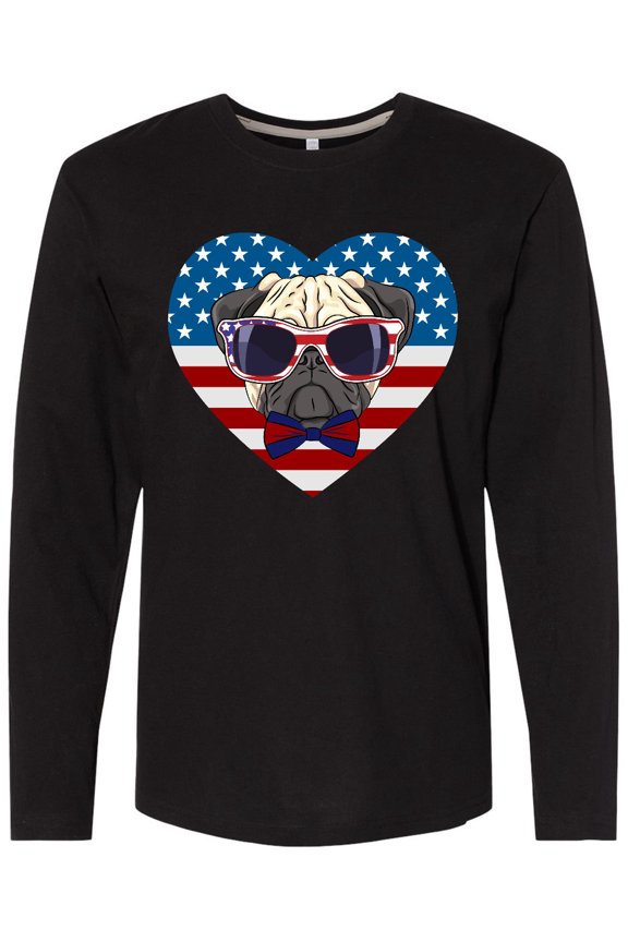 Pug Dog Patriotic US Flag Heart Long Sleeve T-Shirt