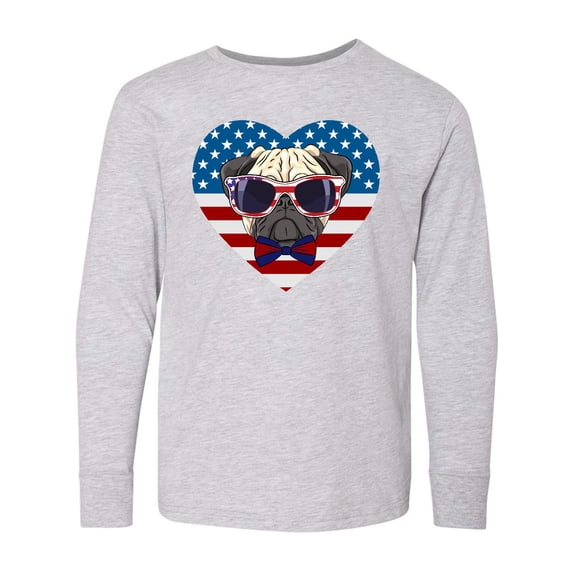 Inktastic Pug Dog Patriotic US Flag Heart Long Sleeve Youth T-Shirt
