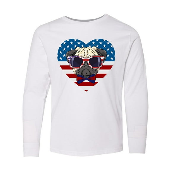 Inktastic Pug Dog Patriotic US Flag Heart Long Sleeve Youth T-Shirt