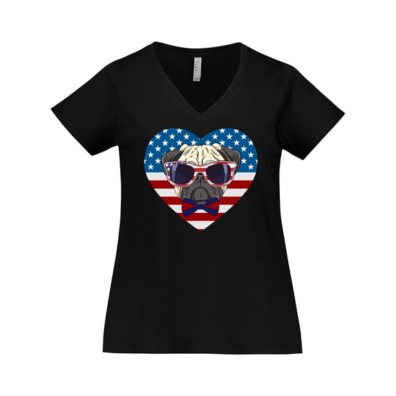 Inktastic Pug Dog Patriotic US Flag Heart Women's Plus Size V-Neck T-Shirt