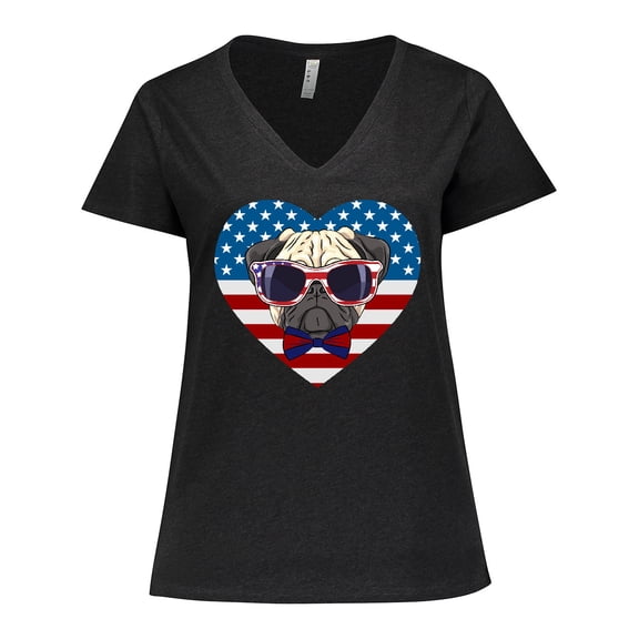 Inktastic Pug Dog Patriotic US Flag Heart Women's Plus Size V-Neck T-Shirt