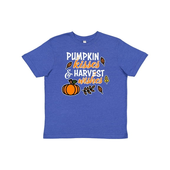 Inktastic Pumpkin Kisses & Harvest Wishes with Pumpkin and Fall Leaves Youth T-Shirt