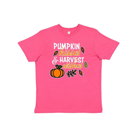 Inktastic Pumpkin Kisses & Harvest Wishes with Pumpkin and Fall Leaves Youth T-Shirt