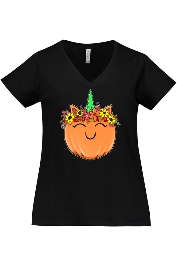 Pumpkin Unicorn for Halloween and Thanksgiving Women's Plus Size V-Neck T-Shirt