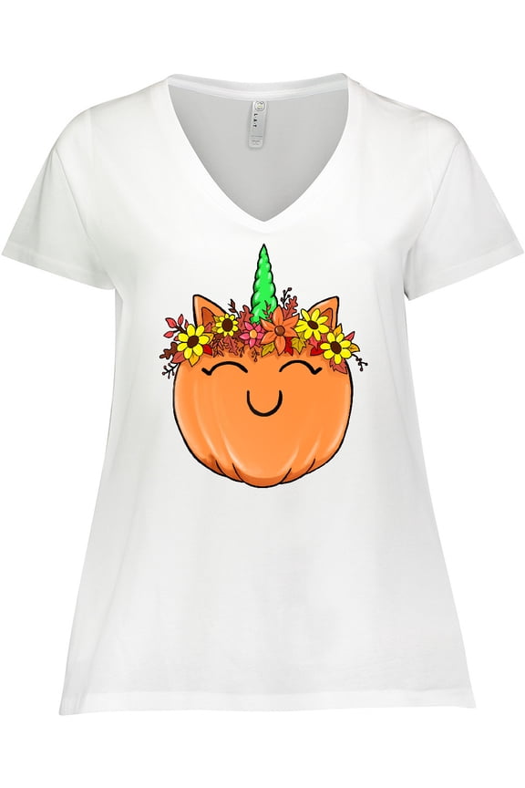 Pumpkin Unicorn for Halloween and Thanksgiving Women's Plus Size V-Neck T-Shirt