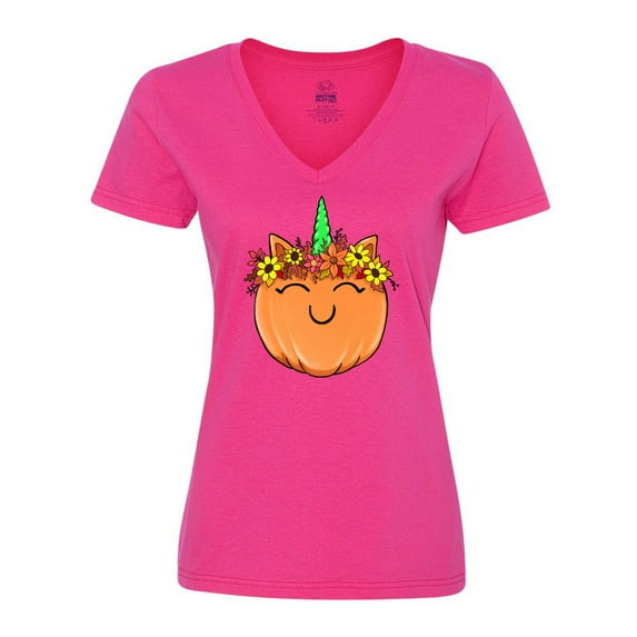 Inktastic Pumpkin Unicorn for Halloween and Thanksgiving Women's V-Neck T-Shirt