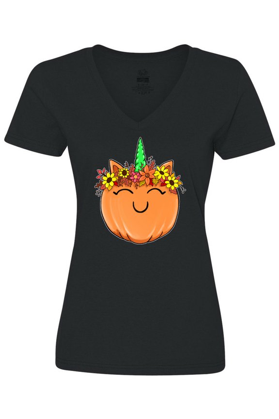 Pumpkin Unicorn for Halloween and Thanksgiving Women's V-Neck T-Shirt
