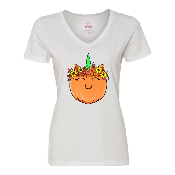 Inktastic Pumpkin Unicorn for Halloween and Thanksgiving Women's V-Neck T-Shirt