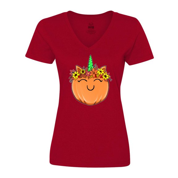 Inktastic Pumpkin Unicorn for Halloween and Thanksgiving Women's V-Neck T-Shirt