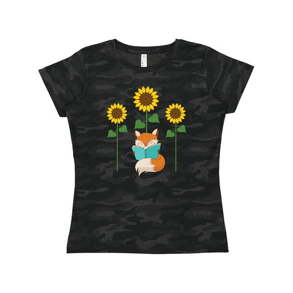 Inktastic Reading Book Lover Sunflower Fox Women's T-Shirt