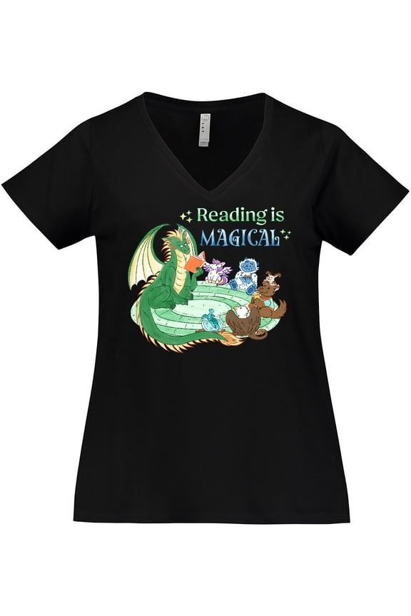 Reading is Magical Dragon Green Dragon with Book Women's Plus Size V-Neck T-Shirt
