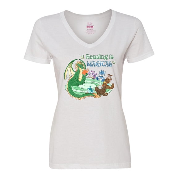 Inktastic Reading is Magical Dragon Green Dragon with Book Women's V-Neck T-Shirt