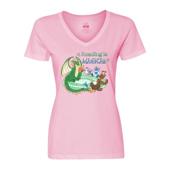 Inktastic Reading is Magical Dragon Green Dragon with Book Women's V-Neck T-Shirt