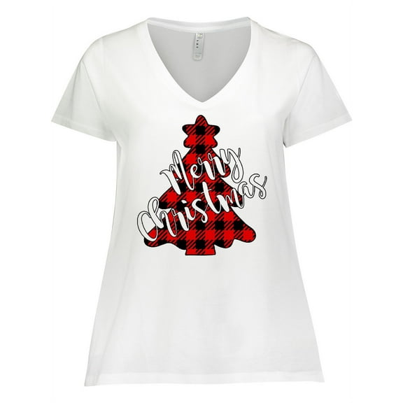 Inktastic Red Buffalo Plaid Christmas Tree Women's Plus Size V-Neck T-Shirt