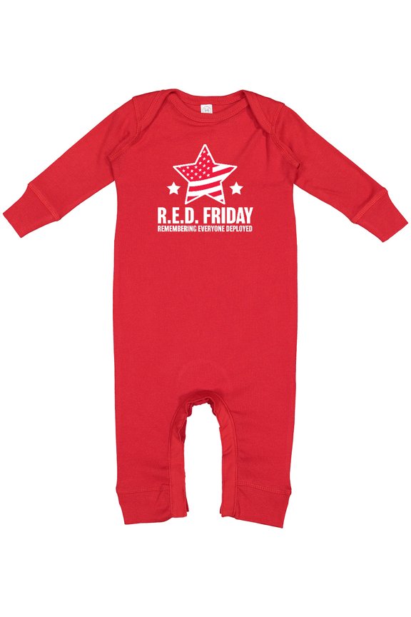 Red Friday Remembering Everyone Deployed with Red American Flag Baby Romper Coveralls
