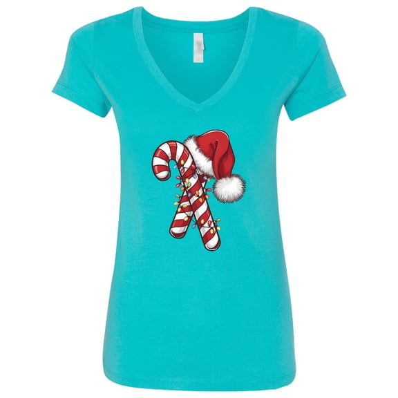 Inktastic Red and White Candy Cane Santa Christmas Funny Xmas Lights Women's V-Neck T-Shirt