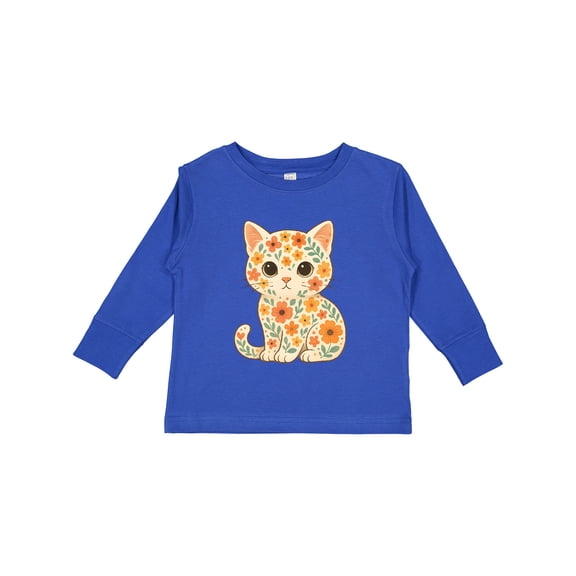 Inktastic Retro Kitty Cat Flowered Girls Long Sleeve Toddler T-Shirt