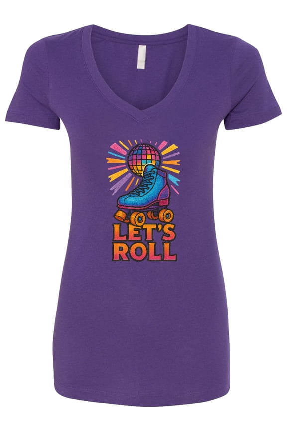 Retro Roller Skate Let's Roll Disco Design Women's V-Neck T-Shirt