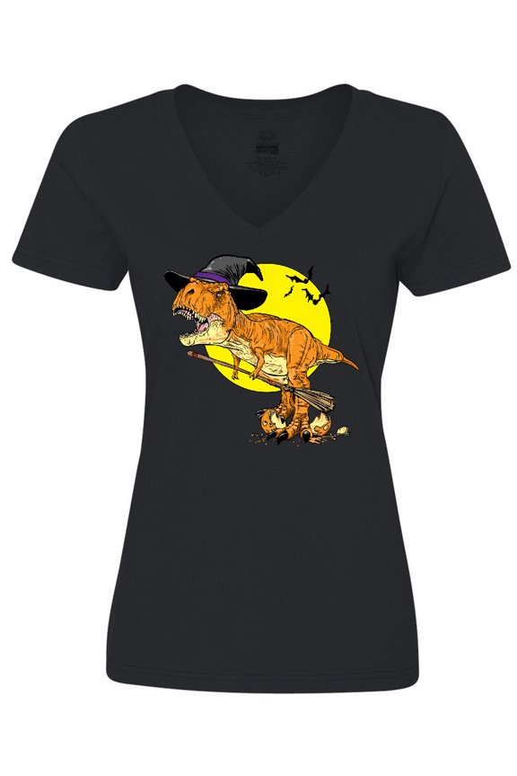 Roaring Tyrannosaurus Rex Witch on Halloween Women's V-Neck T-Shirt