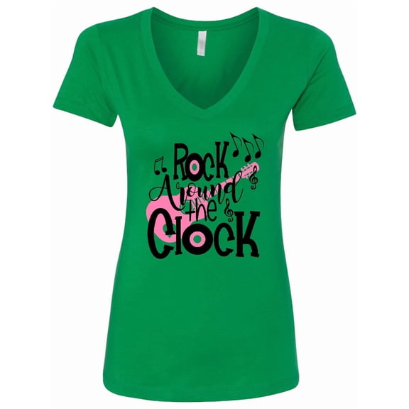 Inktastic Rock Around the Clock with Pink Guitar and Music Notes Women's V-Neck T-Shirt