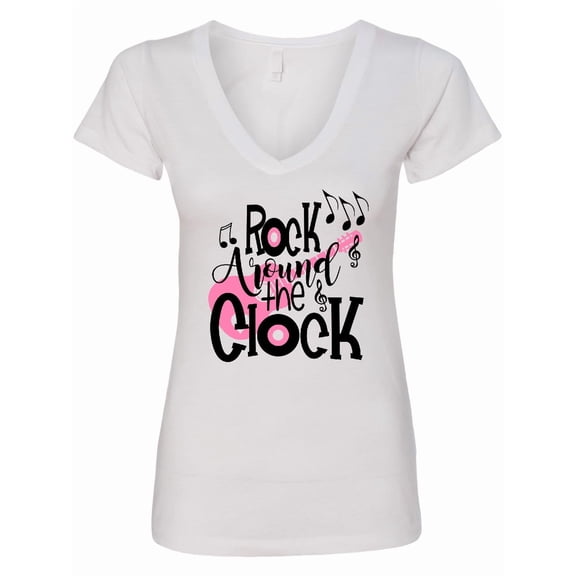 Inktastic Rock Around the Clock with Pink Guitar and Music Notes Women's V-Neck T-Shirt