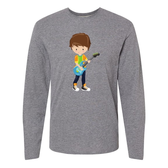 Inktastic Rock Boy, Brown Hair, Boy Playing Guitar In Band Long Sleeve T-Shirt
