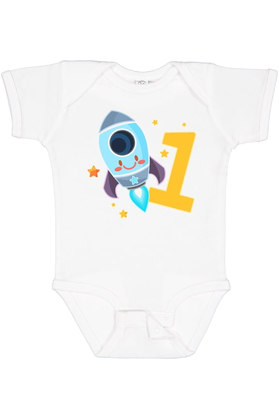 Rocket Spaceship Happy First Birthday Boys or Girls Baby Bodysuit