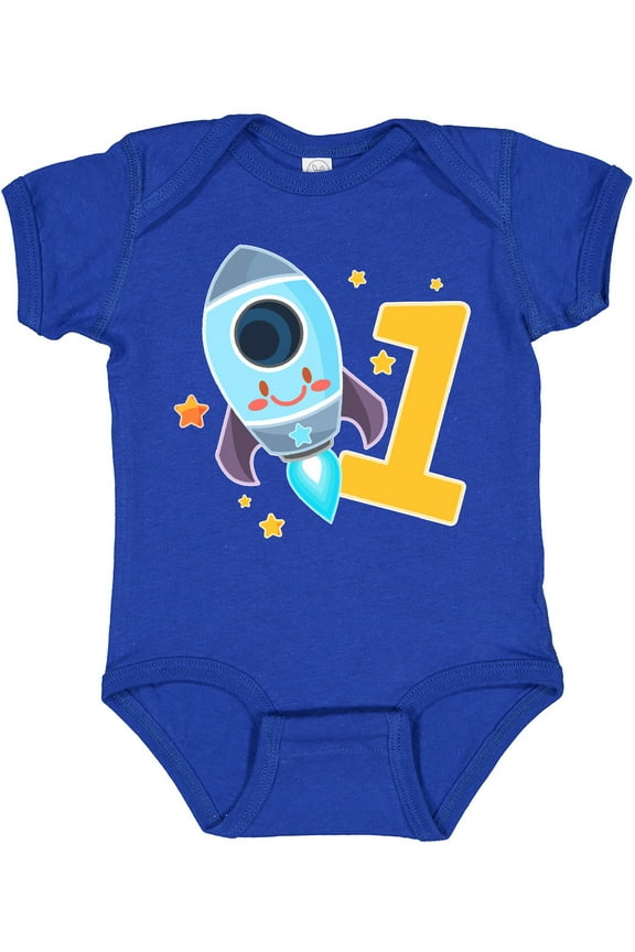 Rocket Spaceship Happy First Birthday Boys or Girls Baby Bodysuit