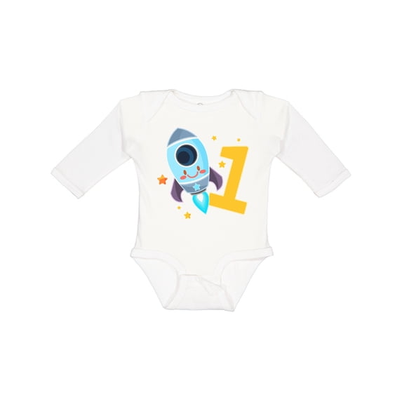 Inktastic Rocket Spaceship Happy First Birthday Boys or Girls Long Sleeve Baby Bodysuit