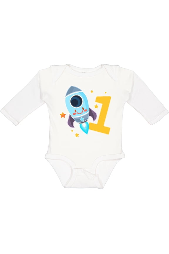 Rocket Spaceship Happy First Birthday Boys or Girls Long Sleeve Baby Bodysuit