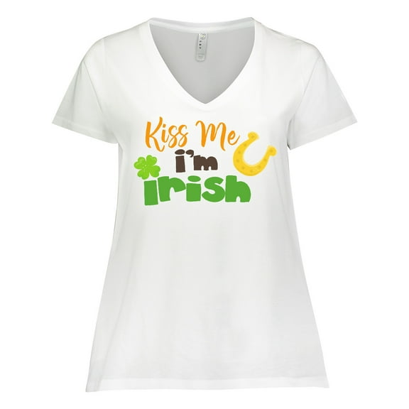 Inktastic Saint Patrick's Day, Kiss Me I'm Irish, Clovers Women's Plus Size V-Neck T-Shirt