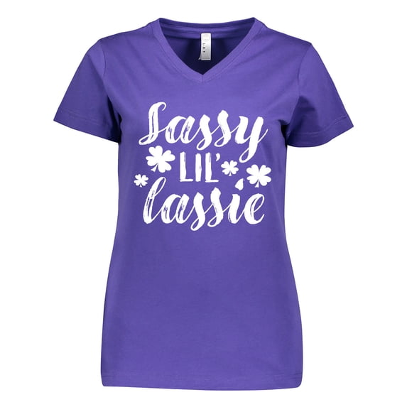 Inktastic Saint Patrick's Day Sassy Lil' Lassie with Shamrocks Women's V-Neck T-Shirt