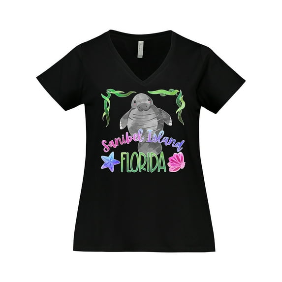 Inktastic Sanibel Island Florida Cute Swimming Manatee Women's Plus Size V-Neck T-Shirt