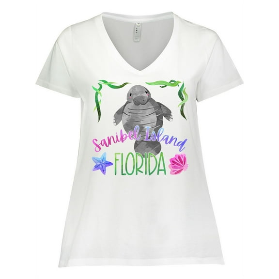 Inktastic Sanibel Island Florida Cute Swimming Manatee Women's Plus Size V-Neck T-Shirt