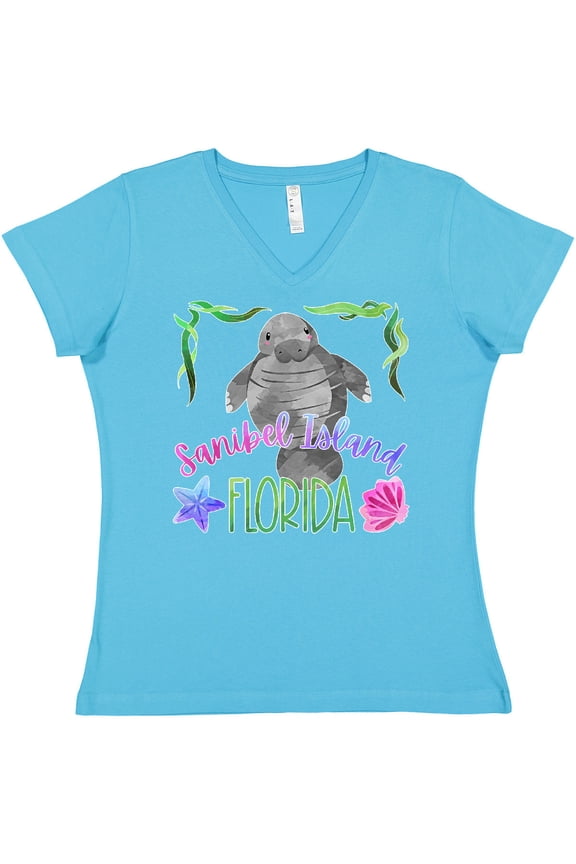 Sanibel Island Florida Cute Swimming Manatee Women's V-Neck T-Shirt