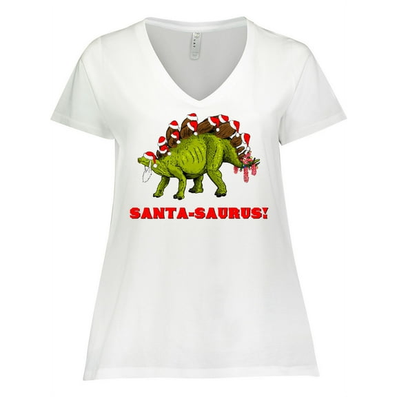 Inktastic Santa-Saurus Christmas Dinosaur Women's Plus Size V-Neck T-Shirt
