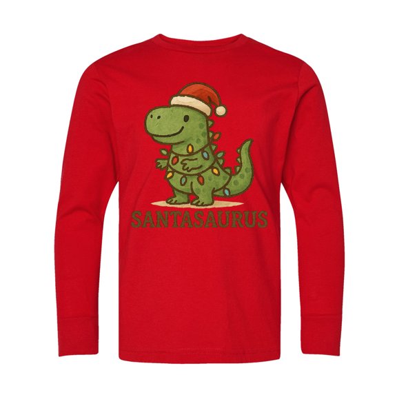 Inktastic Santasaurus Dinosaur Christmas Lights Long Sleeve Youth T-Shirt