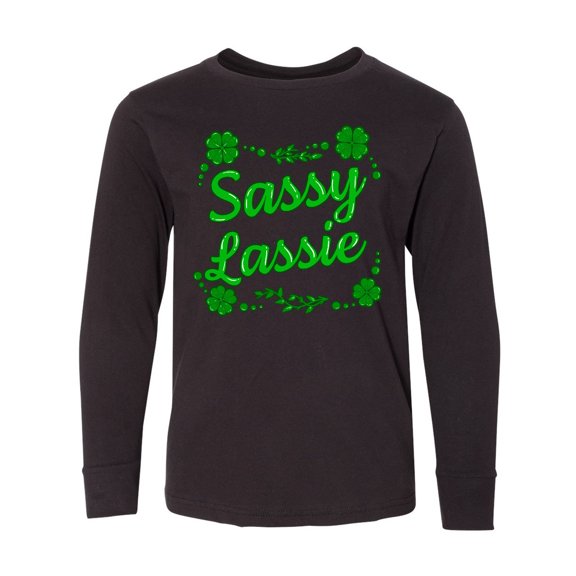 Inktastic Sassy Lassy with Green 4 Leaf Clovers Long Sleeve Youth T-Shirt