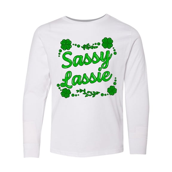 Inktastic Sassy Lassy with Green 4 Leaf Clovers Long Sleeve Youth T-Shirt