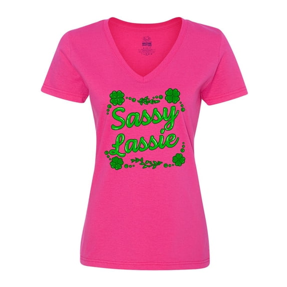 Inktastic Sassy Lassy with Green 4 Leaf Clovers Women's V-Neck T-Shirt