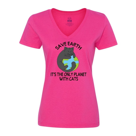 Inktastic Save Earth It's the Only Planet with Cats with Black Cat Women's V-Neck T-Shirt