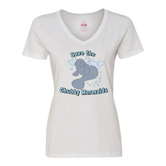 Inktastic Save the Chubby Mermaids with Cute Manatees Women's V-Neck T-Shirt