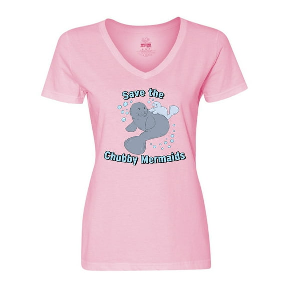Inktastic Save the Chubby Mermaids with Cute Manatees Women's V-Neck T-Shirt