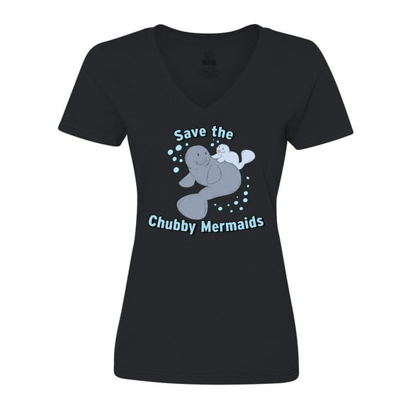 Inktastic Save the Chubby Mermaids with Cute Manatees Women's V-Neck T-Shirt