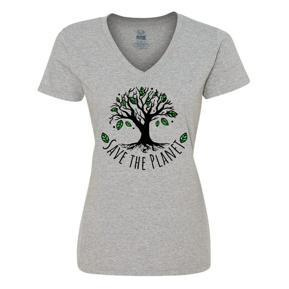 Inktastic Save the Planet Tree Design with Green Leaves Women's V-Neck T-Shirt